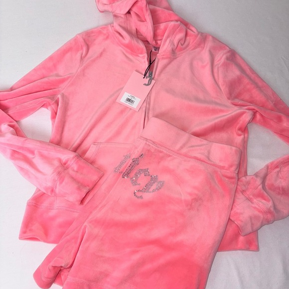 Juicy Couture Flamingo Pink Velour Tracksuit Hoodie & Shorts Set Y2K Rhinestone